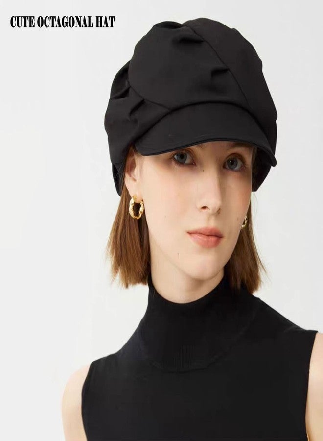 huablo Women's Folds Wool Newsboy Cap - Soft Brim, Convertible to Beret Style - Vintage Octagonal hat - Black - Image 2